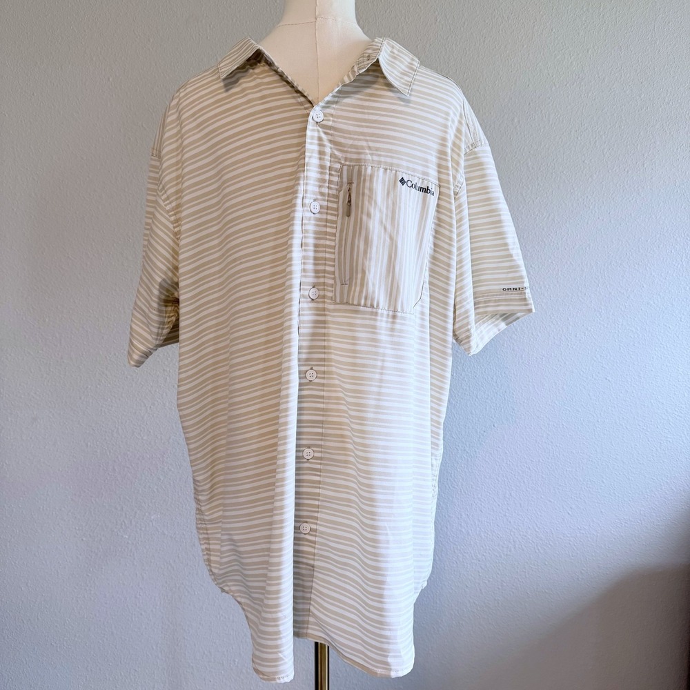 Columbia Mens Large Omni Shade Sun Protection Vented Striped Fishing Shirt Tan